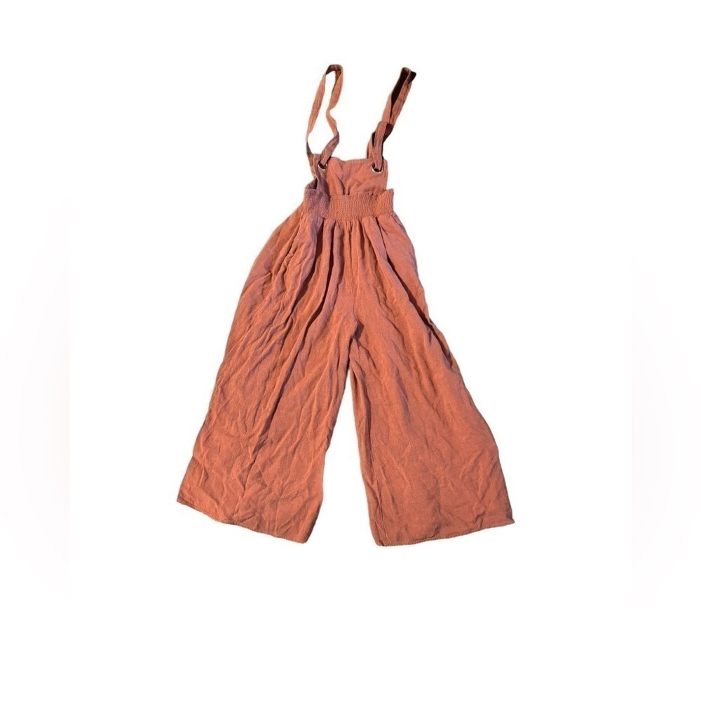 Very J Women’s Linen Blend Camel Brown Jumper Wide Leg Jumpsuit Size Small